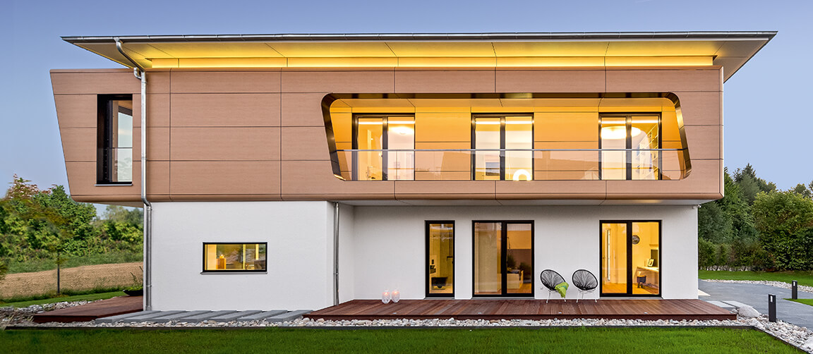 Side facade of a wooden house in high-tech style