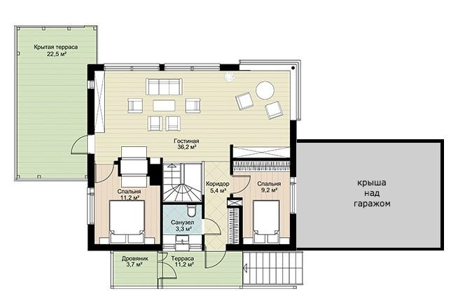 План 2 этажа дома из бруса в современном стиле