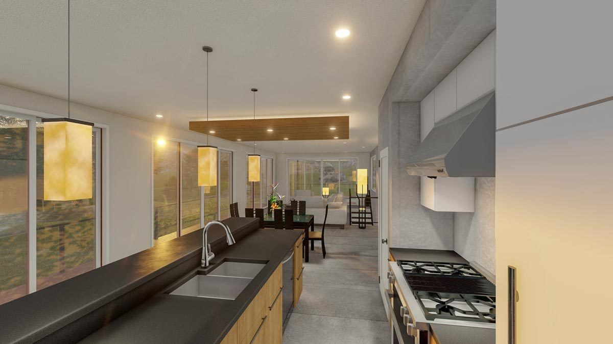 Kitchen with a long kitchen island