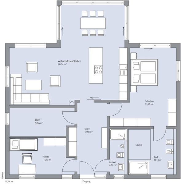 Modern house plan with a swimming pool and sauna::Hitech house