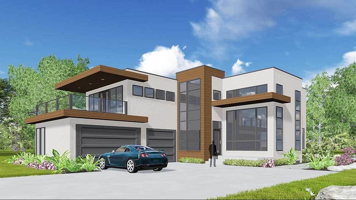  Modern  House  Plan  with a Terrace Above the Garage  and a 