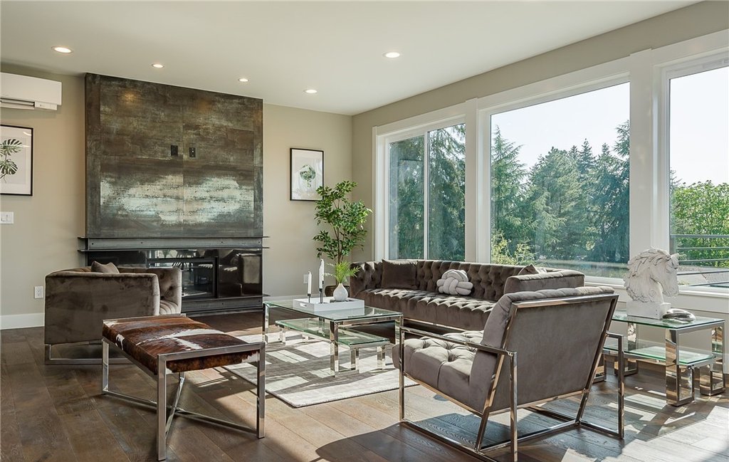 Hi-tech living room with built-in fireplace