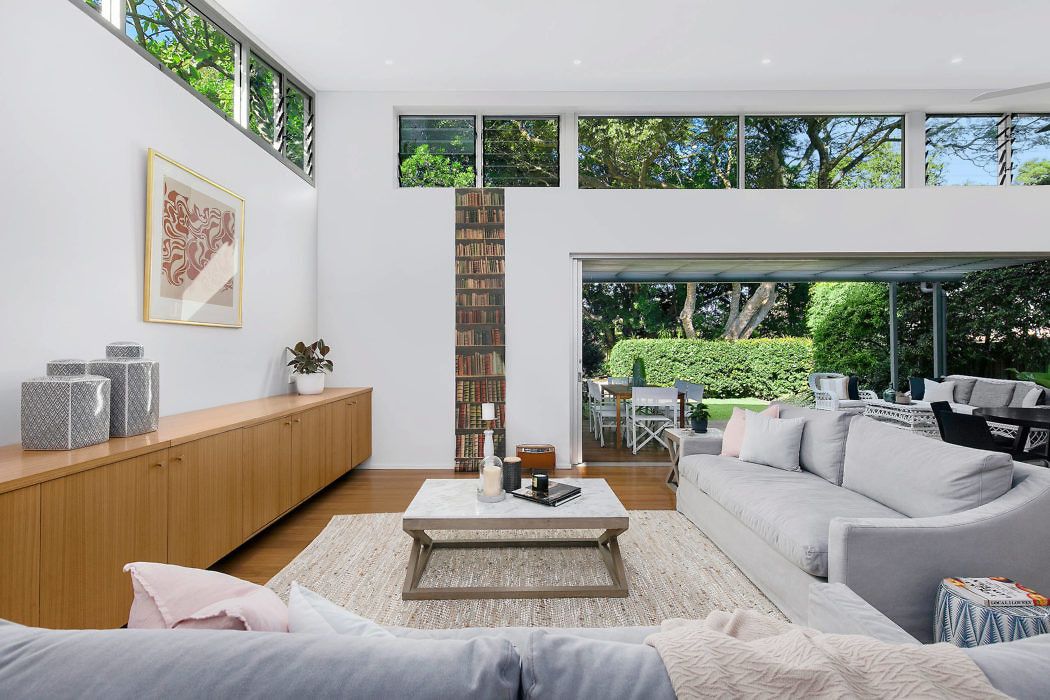 Modern living room with transom windows