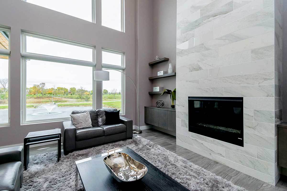 Built-in shelves surrounds the chimney