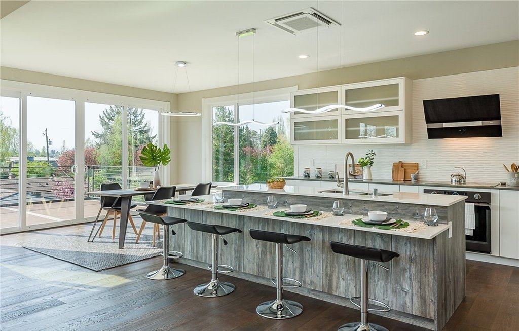Kitchen with an island and dining room