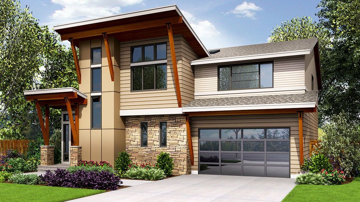Modern two-story house plan with an attached garage for narrow lot