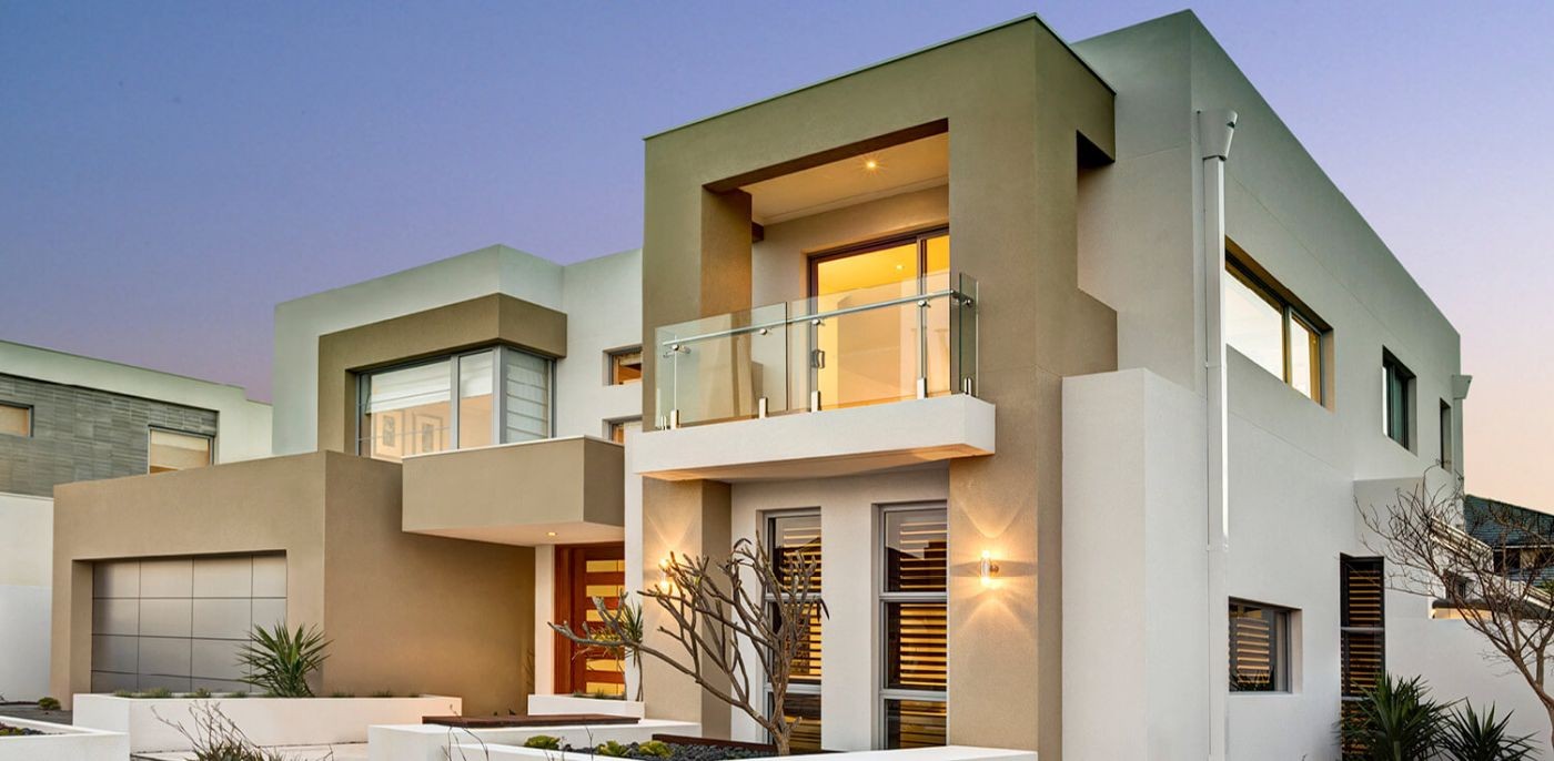 The modern two-storey house Lynix with a garage and a balcony