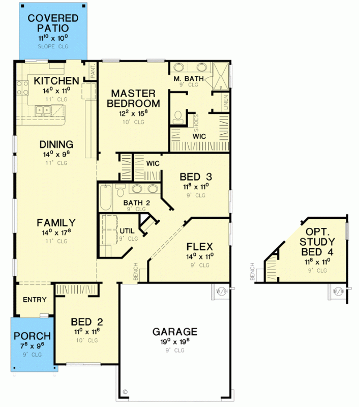 3-4 Bedroom Mid Century Modern Home Plan with Open Living Space