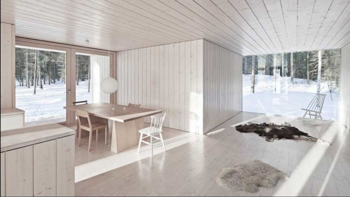 Dining room A large dining table by the panoramic window with a pendant lamp in the form of a white ball.