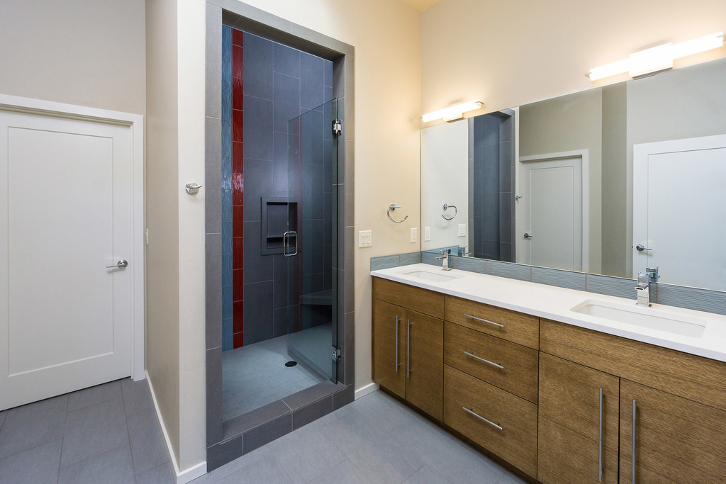 Bath with walk-in shower in minimalistic style Simple lines in minimalistic style give you practical and beautiful design.