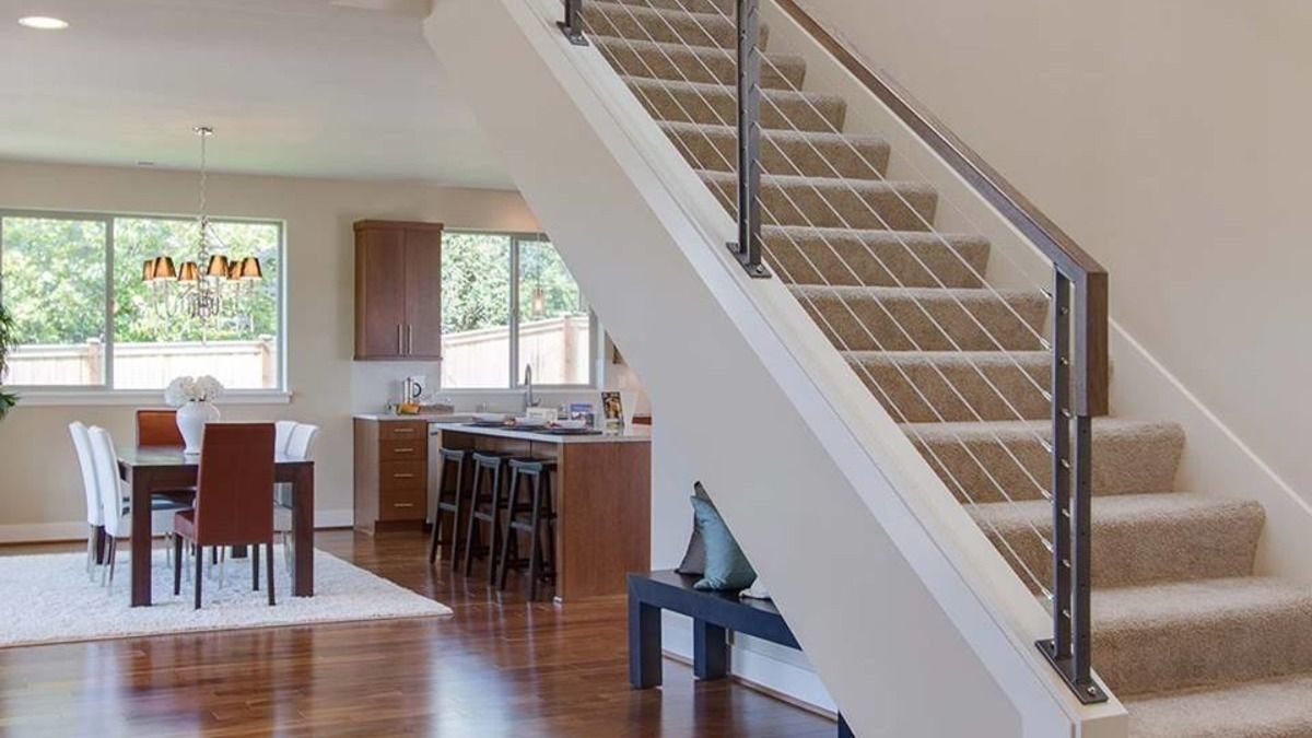 Stair Wood stair with carpet cover and metal handrail