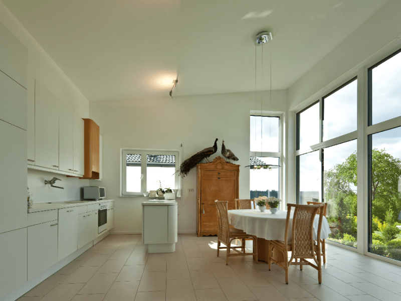 Spacious kitchen with a wall of windows
