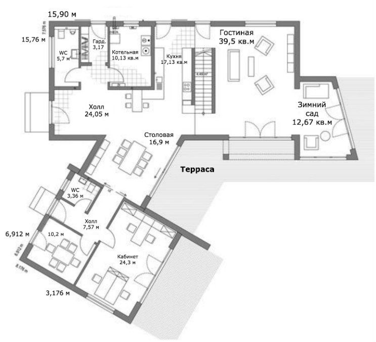 План 1 этажа дома в современном стиле