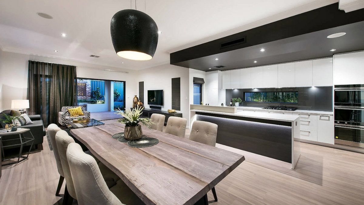Contemporary open layout of a living, dining and kitchen