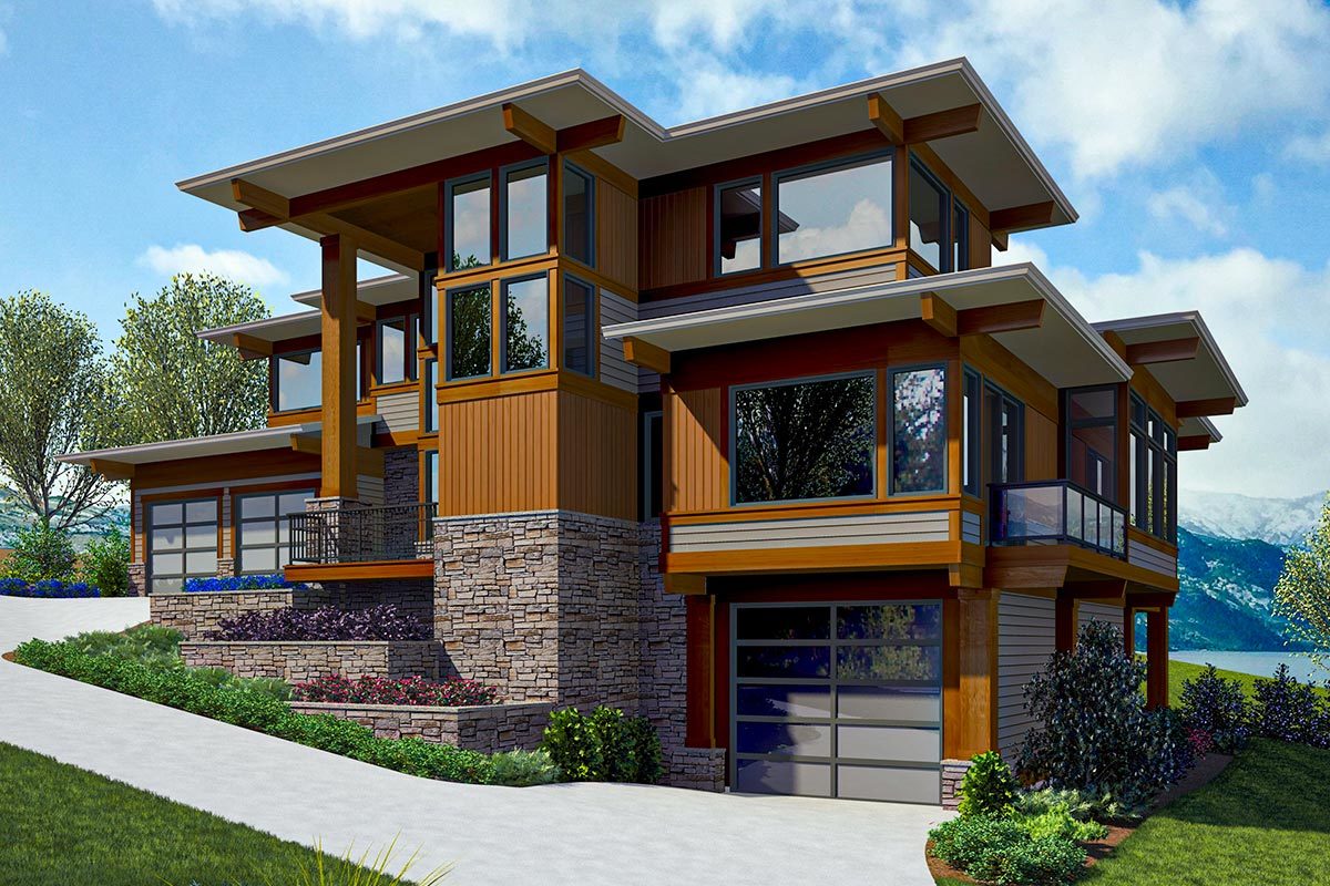 Modern Two Story House Plan with Large Covered Decks for a SideSloping Lot