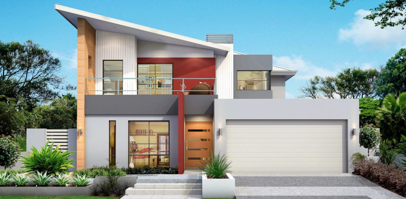 Contemporary twostorey house plan with a living room and a kitchen on