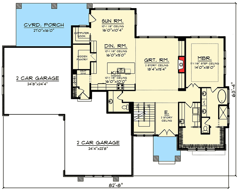 Contemporary House Plan with Two-Story Ceilings and Sun Room