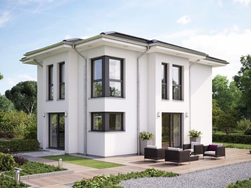 This modern house plan has an enchanting appeal with its architecture, from a distance reminiscent of the ancient style. A hip hip roof with large overhangs, panoramic windows on the corners and bay windows, from base to roof, with its entrance.