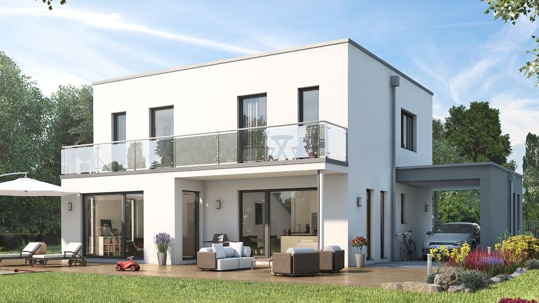 The frame house in a modern style impresses with its façade. Large floor-to-ceiling windows, white plastered walls and, of course, a full-wall balcony with a glass railing underline the style and novelty of this plan.