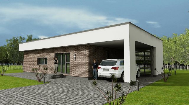 Contemporary two-storey house plan with a living room and a kitchen on
