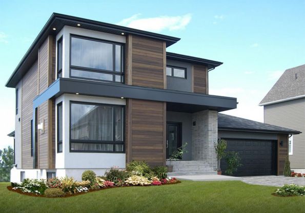 Two-story house with a garage and a photo of various facade finishes. Panoramic windows and photos of modern interior.