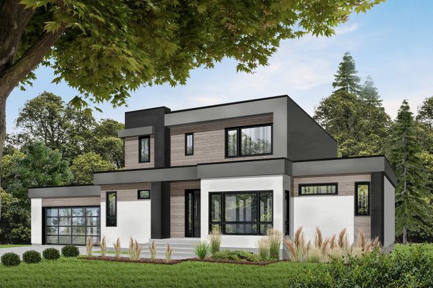 Clean, straight lines and a blend of mixed materials on the exterior give this Modern house plan wonderful visual appeal. An air lock entry foyer keeps cold air away from the rest of the house. Work from home in the cozy front-facing home office or head back to the main living area to relax with your family. The open layout gives you terrific views of the kitchen, dining area and living room. A wall of folding doors brings in lots of light and takes you out to the covered rear porch. Homeowners get a first floor master suite with its own private deck, a big walk-in closet and a large bathroom with two sinks. Three other family bedrooms are up on the second floor where an open railing hallway lets look out onto the rooms below. Step out onto the second floor balcony for a breath of fresh air.