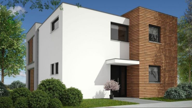 Two-storey house in the style of Cubism with a good layout is designed for a family of 4 people. On the first floor there is an additional office and a laundry room.